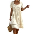 thumbnail image 3 of Lcziwo Womens Lace Patch Cotton Dresses Cotton Short Sleeve Casual Loose Dress Square Neck Summer Beach Vacation Sundress Beige,S, 3 of 8