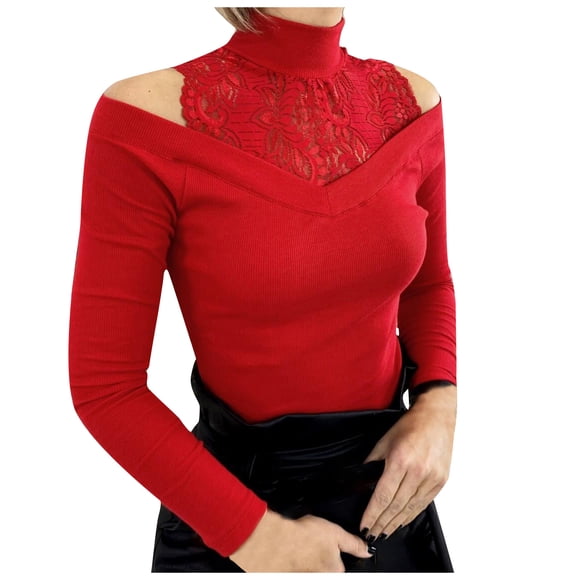 Babysbule Tops for Women Clearance Fashion Women's Pure Color Lace Splicing strapless Long sleeve Tops Blouses