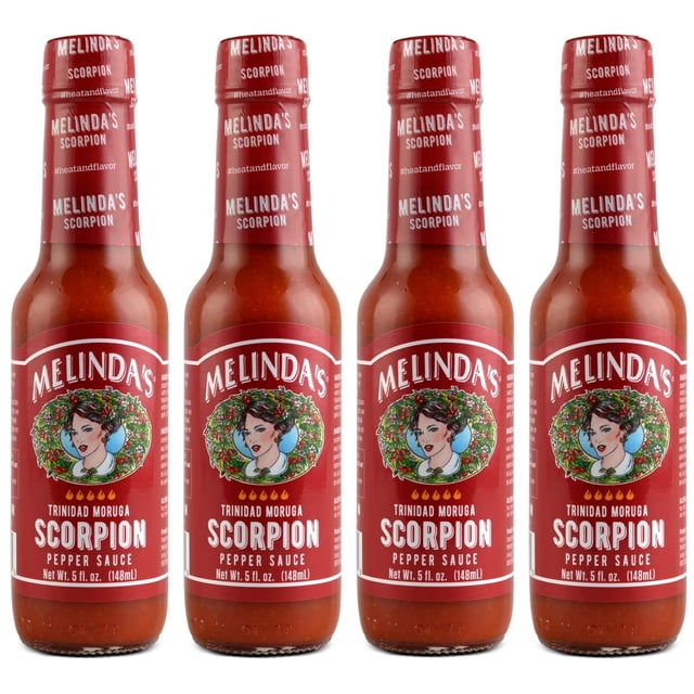 Melinda’s Scorpion Pepper Hot Sauce - Gourmet Scorpion Hot Sauce - Made with Trinidad Moruga Pepper, Carrots, Onion & Lime Juice - Keto, Vegan, Gluten Free - 5oz, 4 Pack