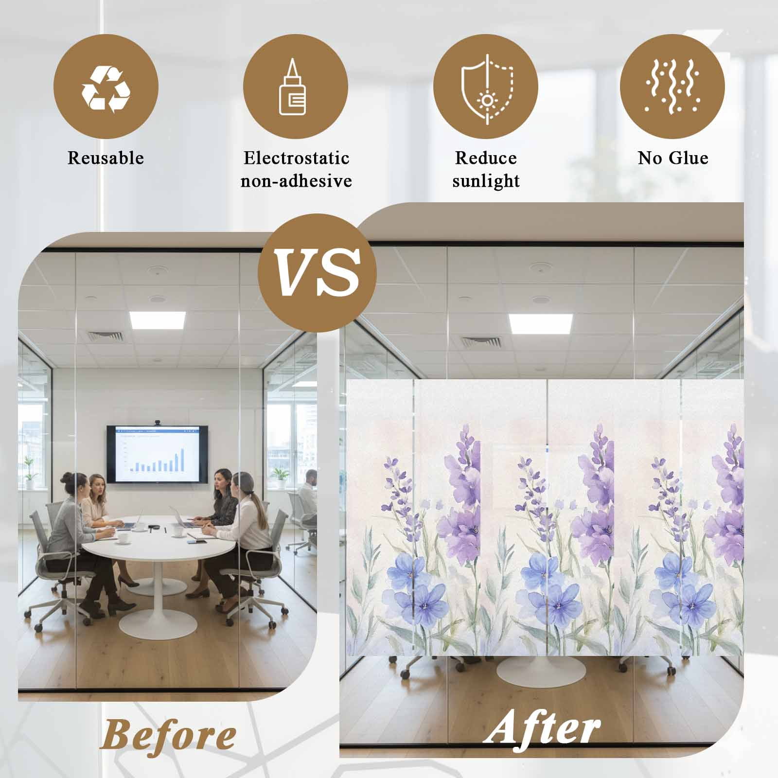 Lavender Spring Window Privacy Film, Farmhouse Pastoral Pastel Flowers Static Cling UV Sun Blocking Tint Film Heat Control Windows Films for Bedroom Bathroom, Window Stickers 23.6"x59"
