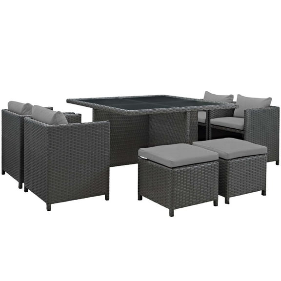 Modern Contemporary Urban Outdoor Patio Balcony Garden Furniture Side Dining Chair and Table Set, Sunbrella Rattan Wicker, Grey Gray