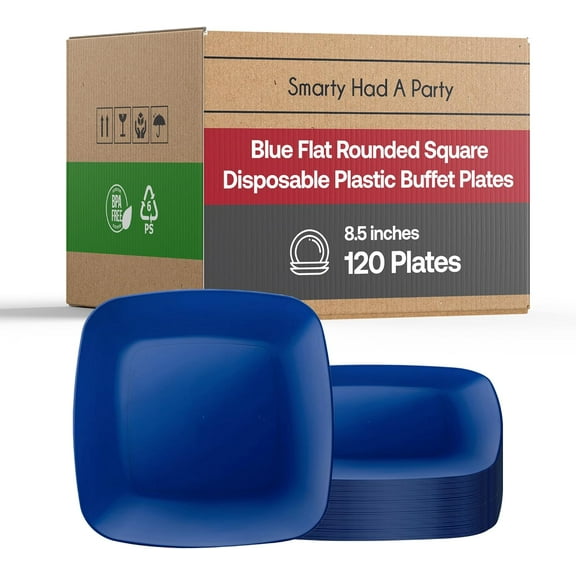 Disposable Plastic Plates, 120 pcs Rounded Square Plates, Fancy Vibrant Colors Dinnerware Party Supplies for Wedding, Birthday & All Occasions (120 pcs 8.5" Buffet Plates, Blue)