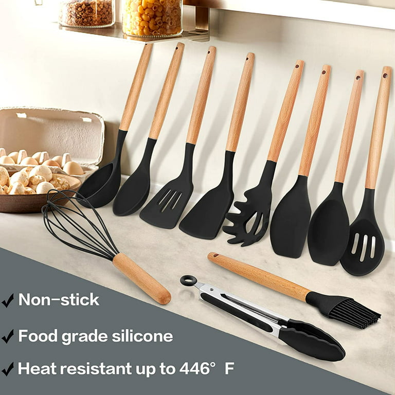 BBQ Cooking Utensils Set 33-Piece Silicone Kitchen Cooking Utensils Set  with Holder, Wooden Handle Heat Resistant Cookware Utensils Set, Non-Stick Kitchen  Tools for Baking Cooking, Black 