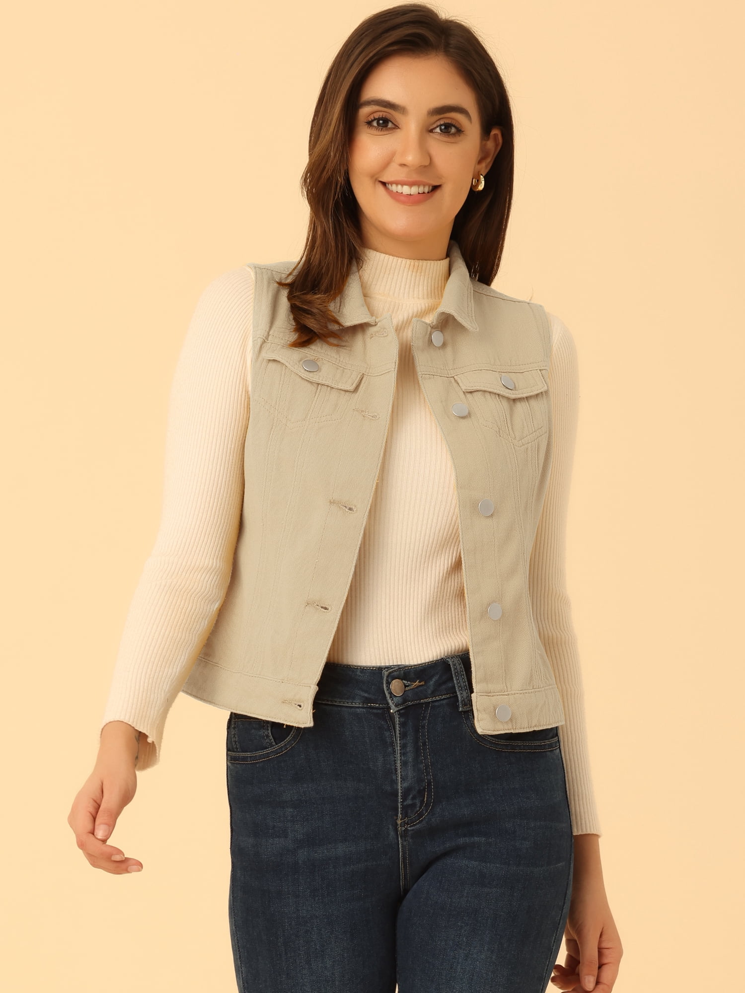 DARING DIVA Women's Denim Sleeveless Flap Pockets Vest Jacket M Beige