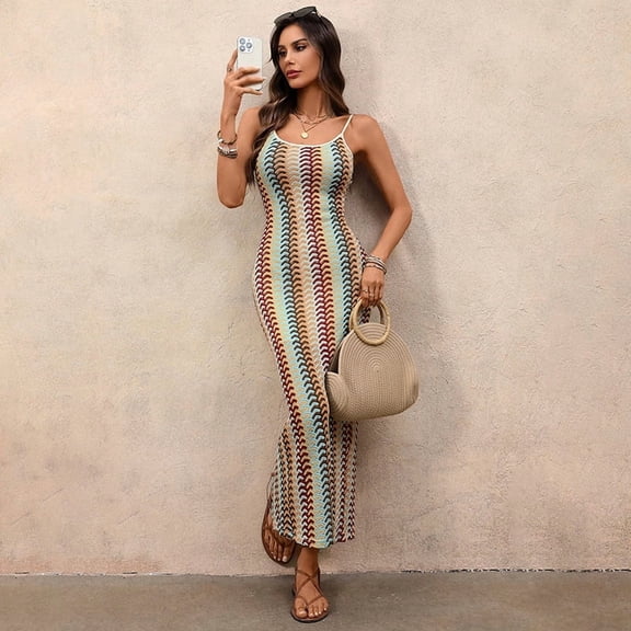 Resort-style halter-neck bodycon ethnic striped knit dress