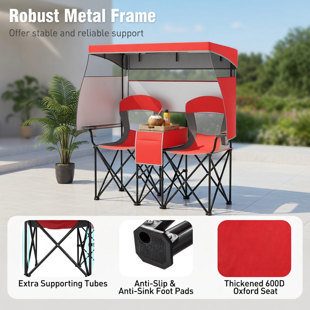 Hommoo Double Beach Chair with Adjustable UPF50+ Canopy, 3-Side Roll-Up Shade Curtains, Built-in Cooler Bag & Mesh Ventilation, Red