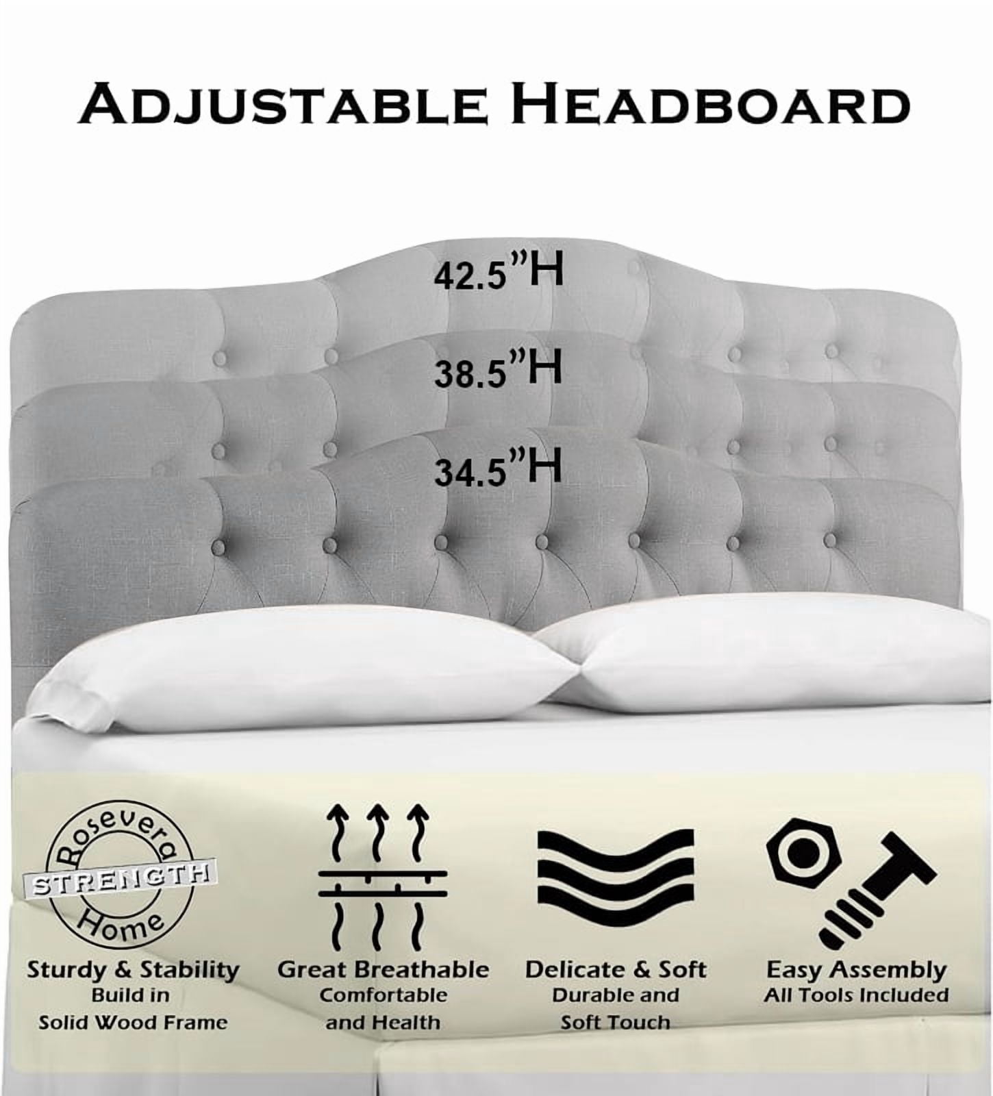 Shengchao Trade Tufted Upholstered Headboard Full Size, Sturdy and Durable Solid Wood headboard, Fabric Headboard Adjustable Height from 34” to 51”, Modern Button Diamond Design Head Board, Gray