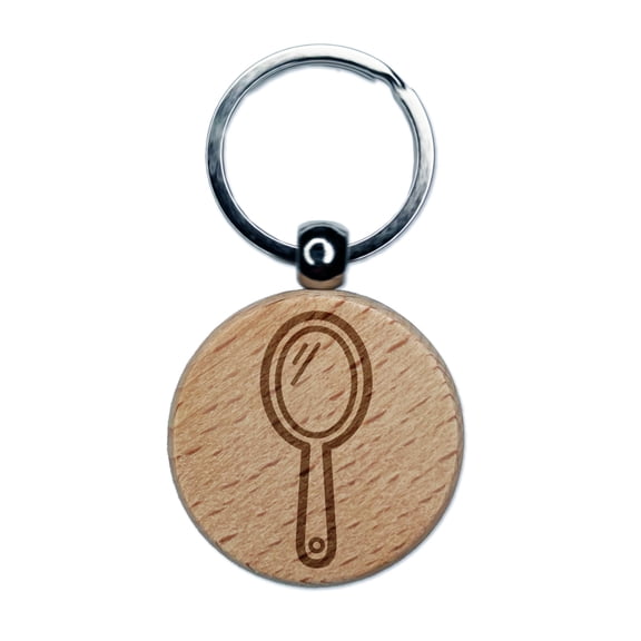 Handheld Makeup Mirror Round Keychain Charm Tag - Engraved Wood