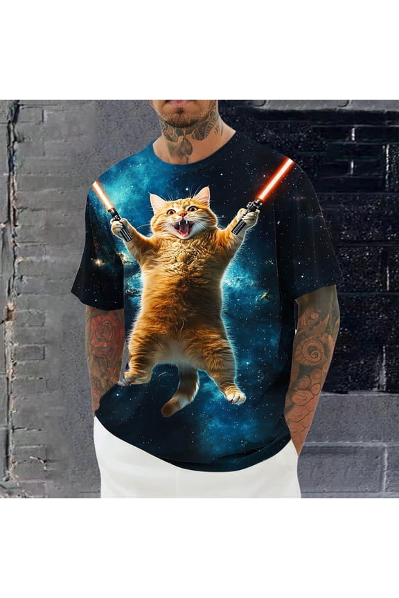 Mens Graphic T Shirts, 3D Print T-Shirts, Funny Graphics Tees, Crewneck Short Sleeve Tees for Men, Funny Cat T-shirt for Men Dark Blue^ XXL