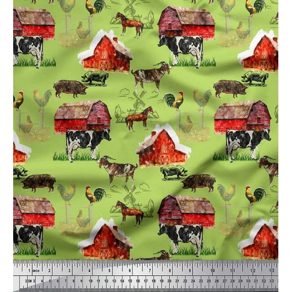 Soimoi Green Cotton Duck Fabric Barn & Pet Animals Farm Decor Fabric Printed Yard 44 Inch Wide