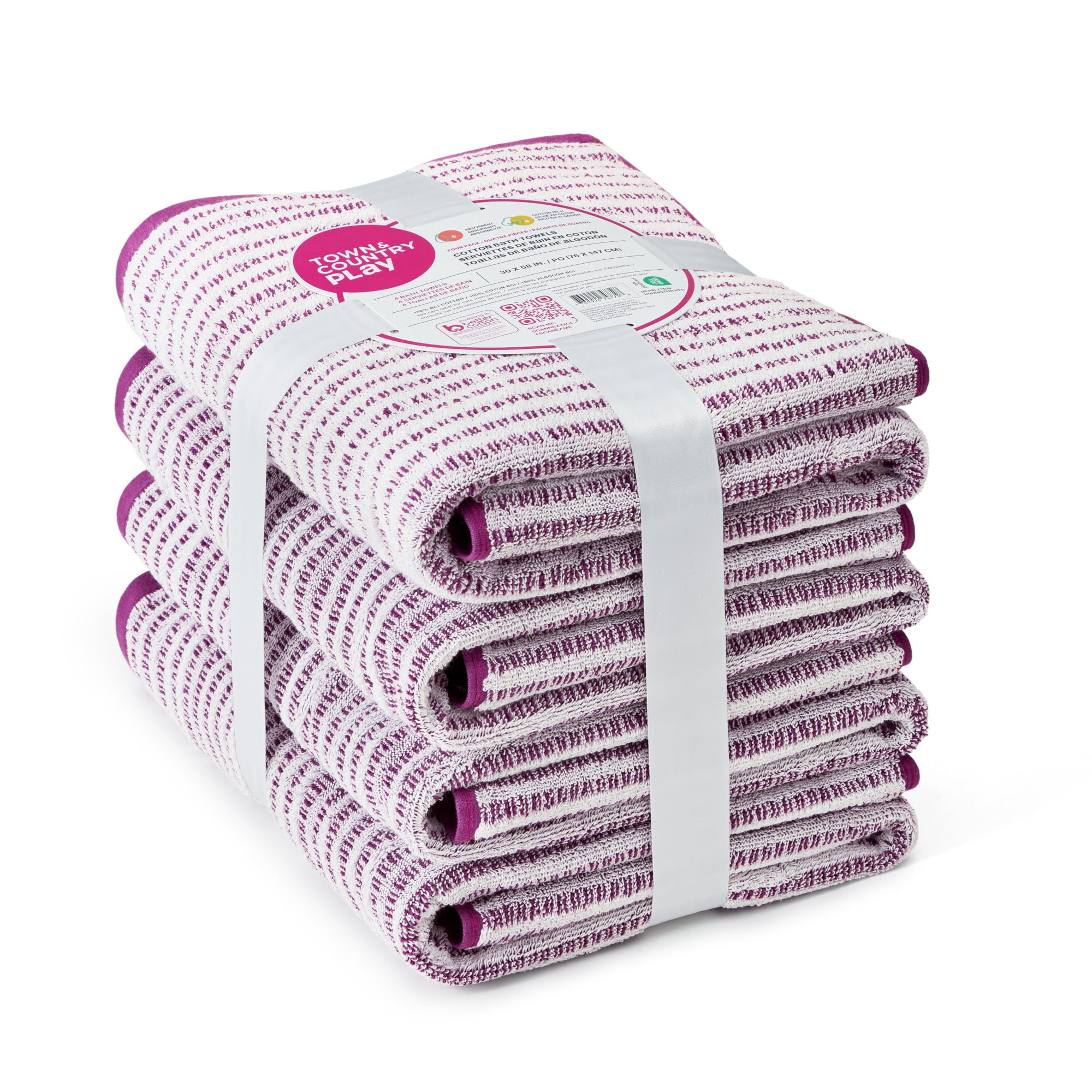 TOWN & COUNTRY PLAY 4-Piece Striped Reversible Terry Brights Bath Towel Set, 30"x58", 100% BCI Cotton, Plush & Absorbent 550GSM, Grape Purple