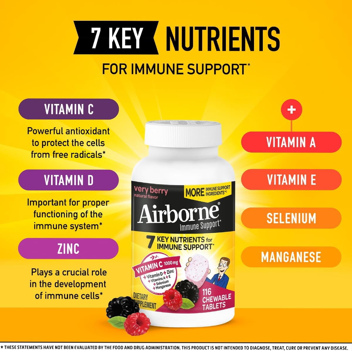 Airborne Berry Chewable Tablets 1000mg of Vitamin C - Immune Support Supplement 11 116 Each - (Pack of 2)
