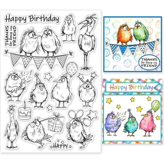 Cartoon Bird Birthday Clear Stamps Birthday Gift Clear Stamps Comic Birds Silicone Stamps for DIY Scrapbooking Photo Album Decorative Cards Making Home Decoration 8.27x5.83inch DIY