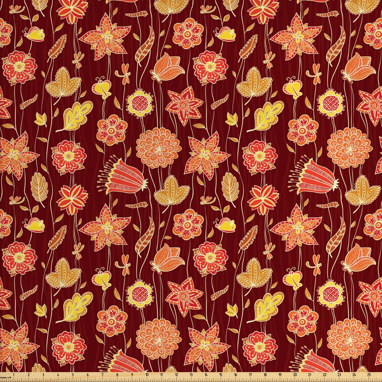 Floral Fabric by the Yard, Fiery Flowers Abstract Design of Dahlia