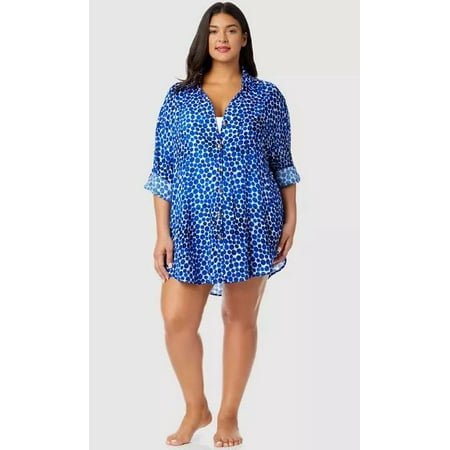 Plus Size Women's Dot Button Down Blue/White Swimsuit Cover Up 18/20