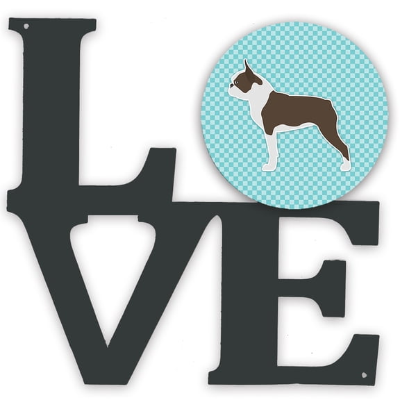 Carolines Treasures BB3744WALV Boston Terrier Checkerboard Blue Metal Wall Artwork LOVE 12X12 multicolor