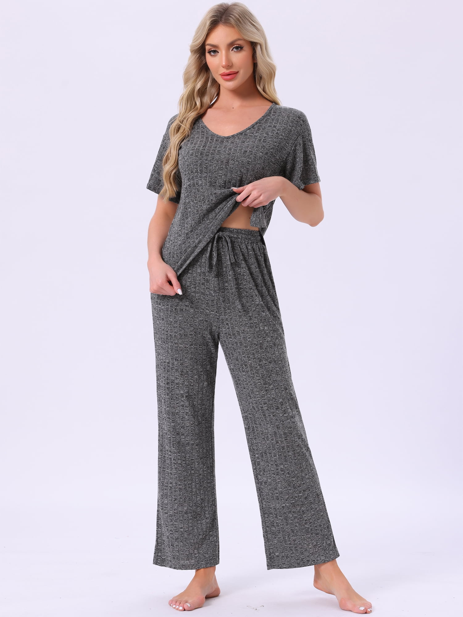 DARING DIVA Pajama Set Ribbed Knit Top Drawstring Pants 2 Pieces Outfit XL Dark Grey
