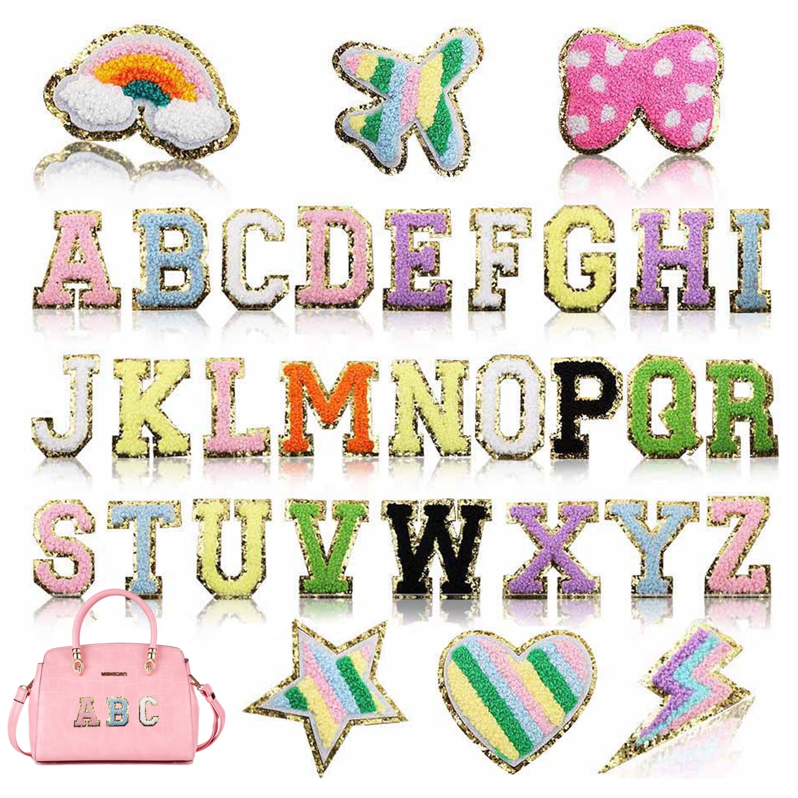 Pack of 32 Self Adhesive Chenille Letter Patches Glitter Chenille