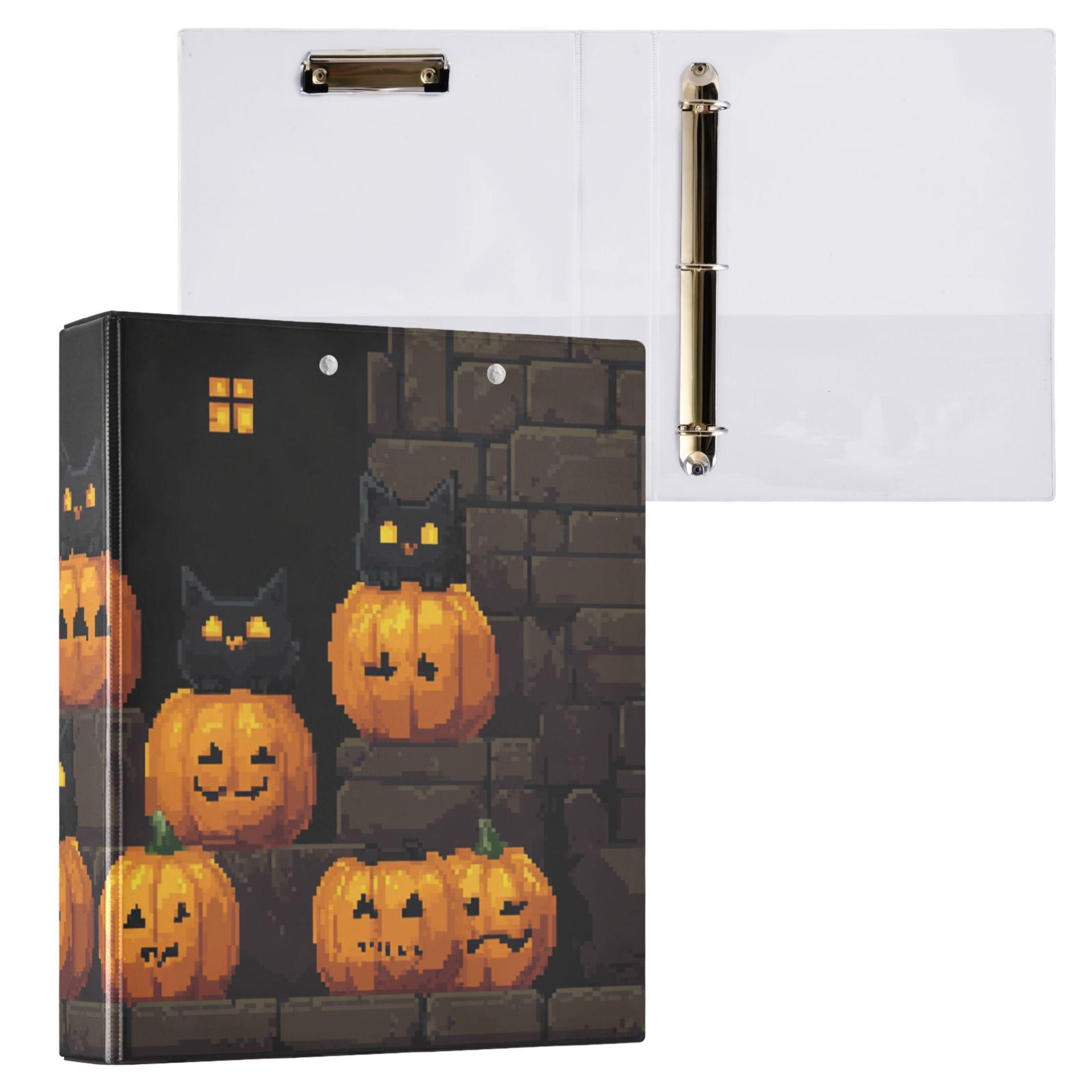 Halloween Pumpkin Pixel 3 Ring Binders 1.5 inch Hardcover File Folders with Interior Pockets A4 Size Organizer for School Office Hospital