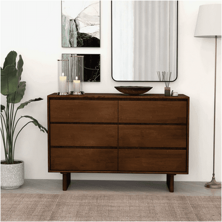 JERFIT Mid Century Modern 6-Drawer Dresser Solid Wood Chest of Drawers for Bedroom Walnut Brown Storage Organizer