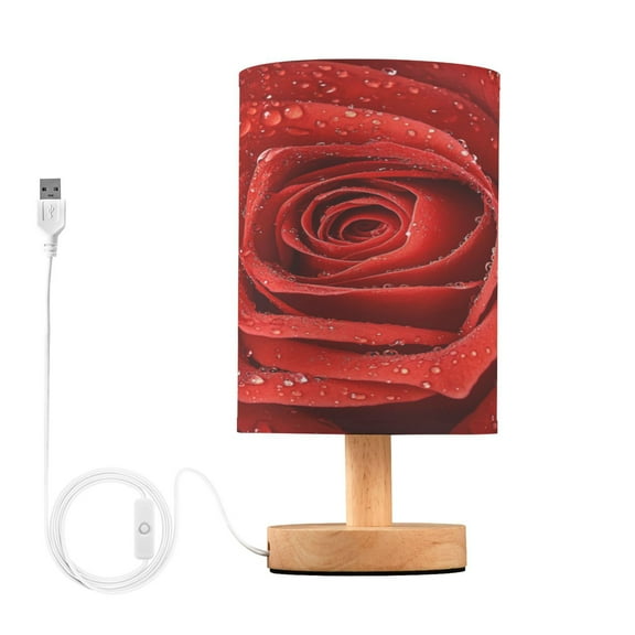 Red Roses Small Lamp Printed Gifts Table Lamp USB Bedside Desk Nightstand Lamp Wood Base for Bedroom Living Room Office Desk College Dorm