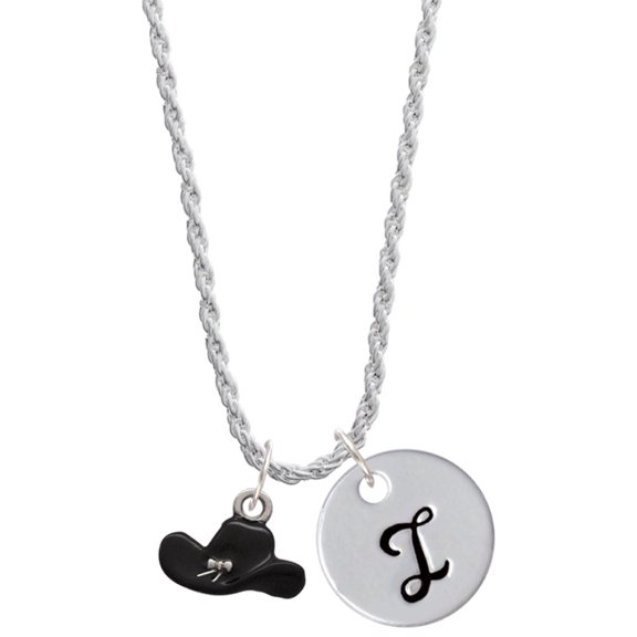 Delight Jewelry Silvertone Black Cowboy Hat Silvertone Script Initial Disc - I - Charm Necklace, 20"+3"