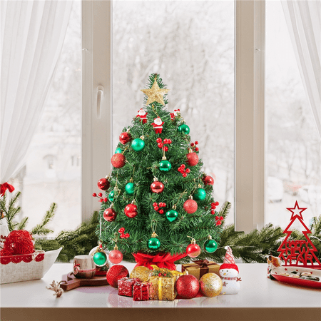 Topeakmart 2 Ft Prelit Tabletop Christmas Tree with 35 LED Warm Toned Lights Red Berries, Green