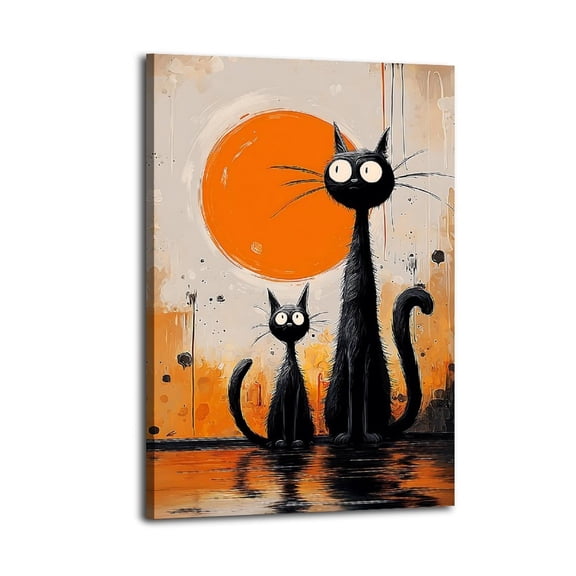 Larbulse Two Cute Black Cat Kitten Sun Canvas Wall Art Home Decor Poster Vintage Funny Print Picture Abstract Bedroom Living Room Kitchen Posters Decor