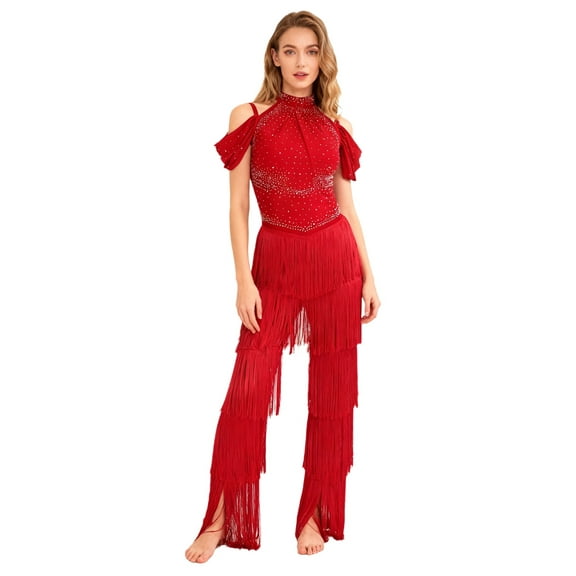 SiiRoh Women Halter Fringed Jumpsuit for Dance Competition Ballroom Samba Tango Cha-cha Latin Dress Red L