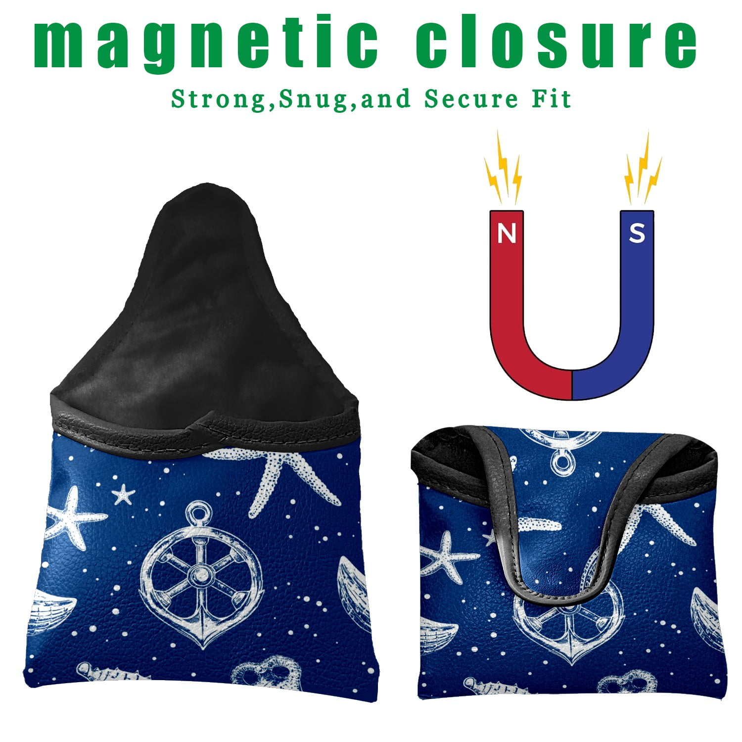 Golf Mallet Putter Cover Premium Leather Waterproof Golf Putter Head Cover with Magnetic Closure Ocean-themed Patterns