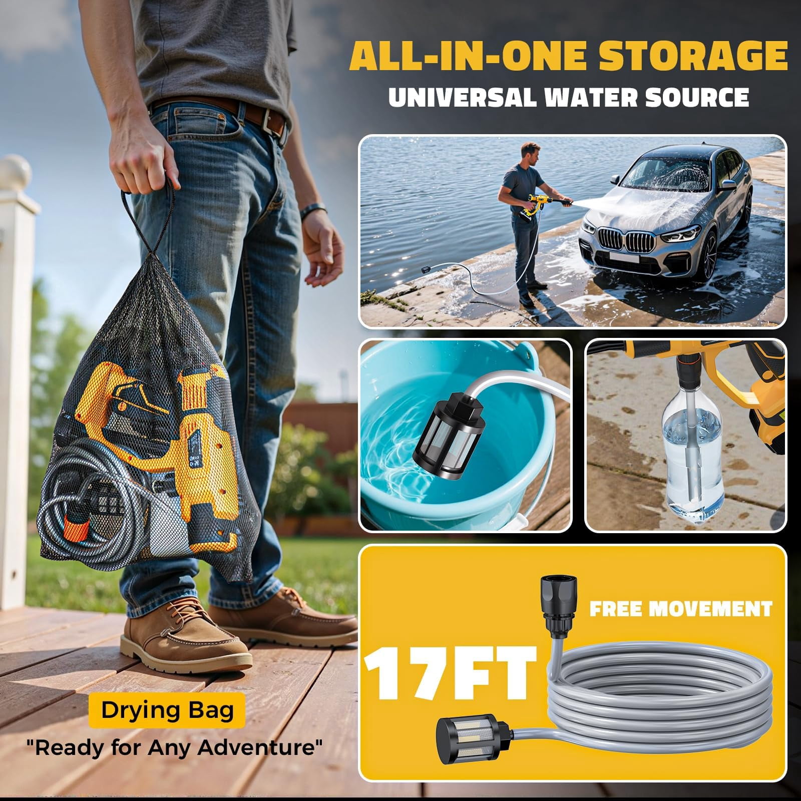 Cordless Pressure Washer Compatible with DeWalt 20V Battery, Ecarke 800 PSI Portable Handheld Power Washer with 6-in-1 Nozzle Foam Cannon for Car Floor Fence Wall Cleaning (Tool only)