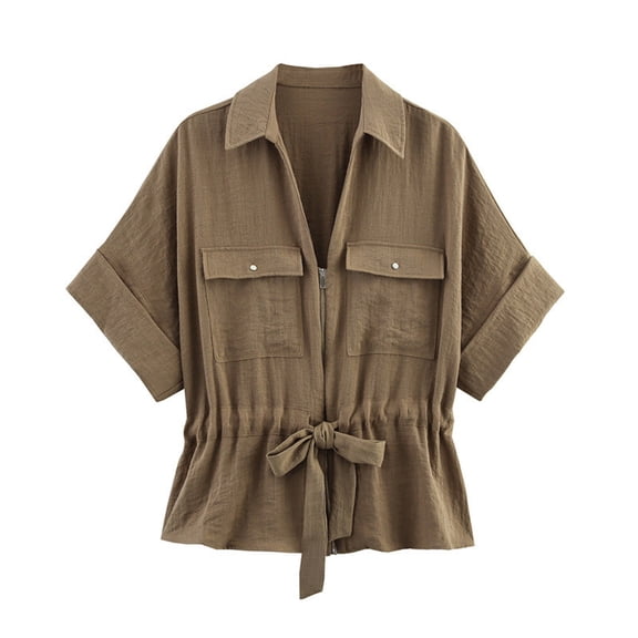 ClodeEU Women's Short Sleeved Shirt, Zipper Shirts, Drawstring Hem, Casual Sports Top Brown,Womens Plus S