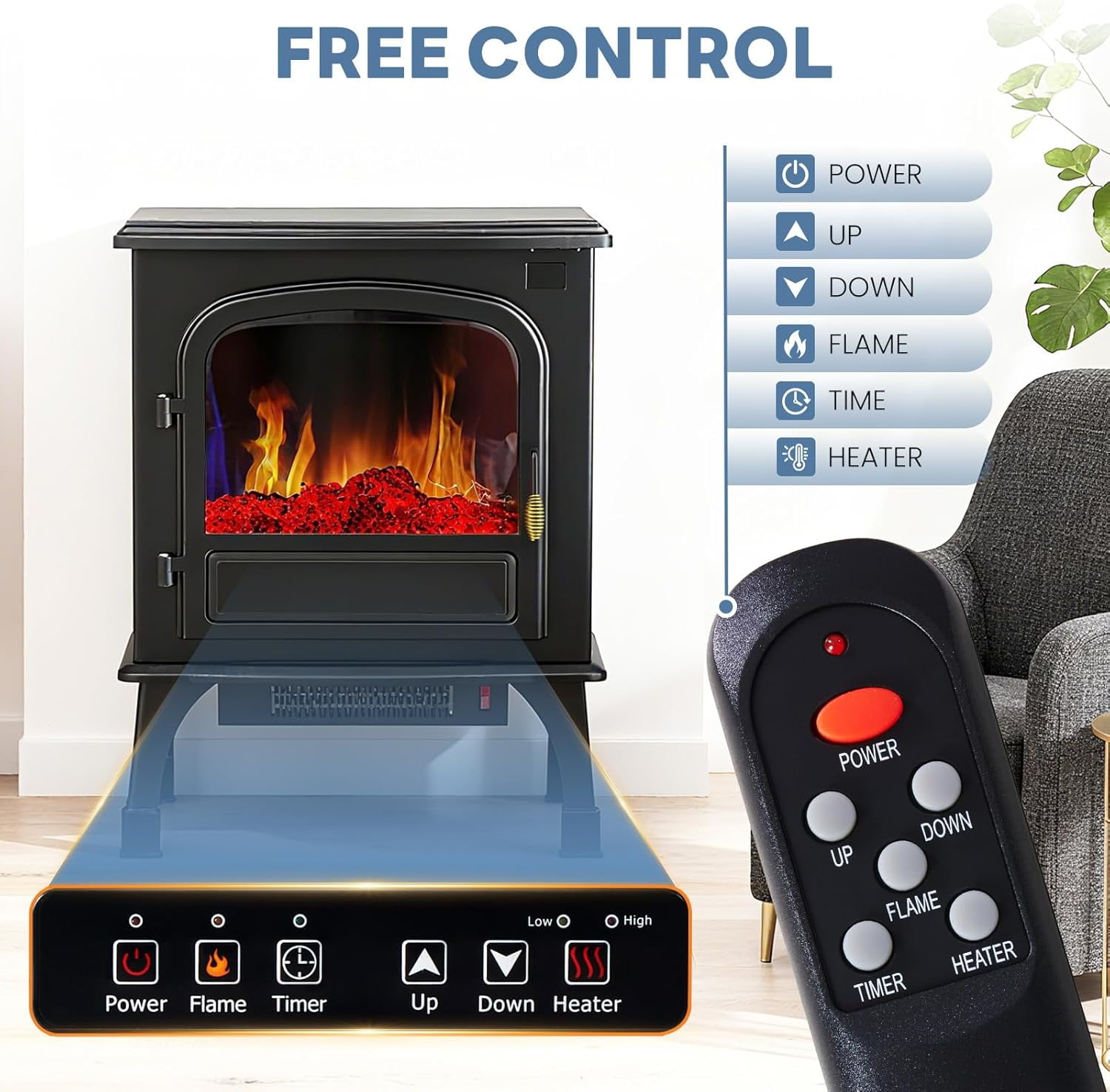 26" Electric Fireplace Freestanding Stove, 3D Flame, Remote Control, Adjustable Heat & 12H Timer, Safe & Stylish, Inky