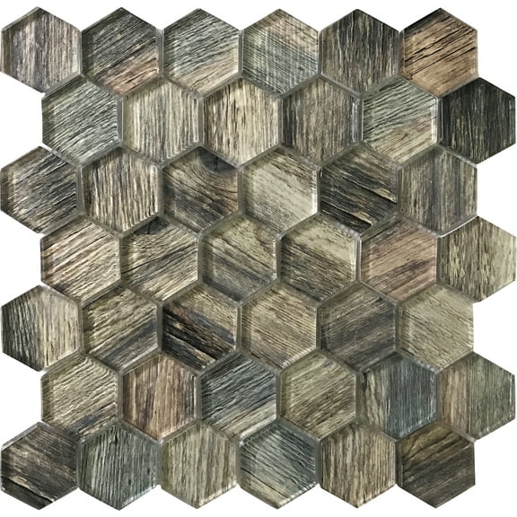 5 pack Wooden Brown 11.8 in. x 11.8 in. Hexagon Polished Glass Mosaic Floor and Wall Tile (4.83 sq. ft./Case)