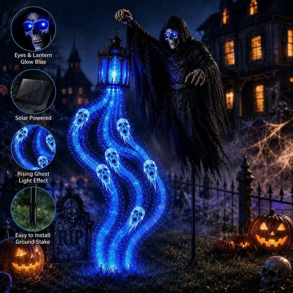 Halloween Soul Harvester Animated Garden Light,Solar Powered Ghost Spirit Lawn Stake,Outdoor Haunted Yard Light with Flowing Blue LED Effect(1PC)