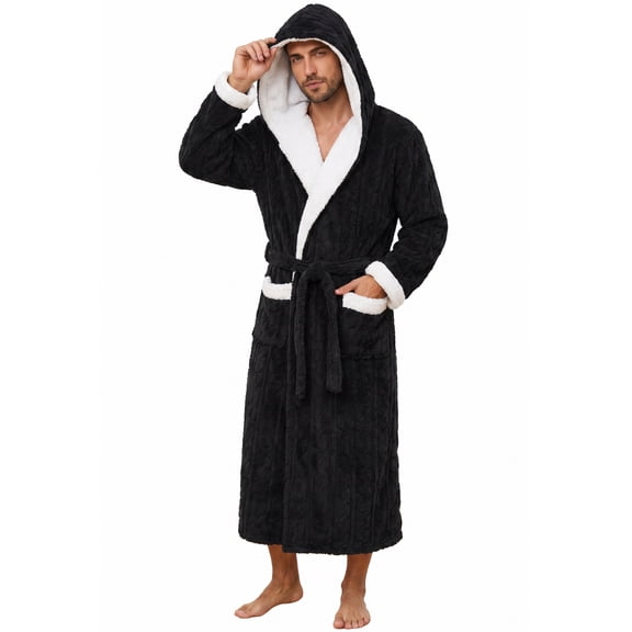 Vulcanodon Mens Robe with Hood,Full Length Plush Robe for Men Contrast Thick Fleece Bathrobe (Black, Large-X-Large)