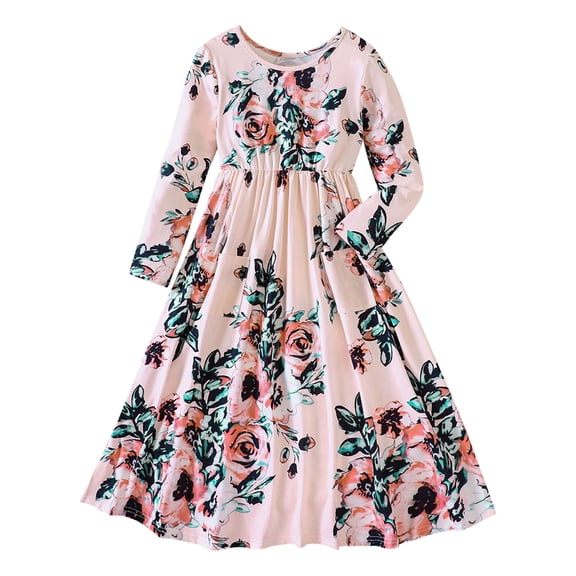 JLFKNG Toddler Girls Dresses Breathable Floral Printed Dress With Large Swing Long Sleeve Crew Neck Soft Cotton Loose Fit High Waist Daily Wear