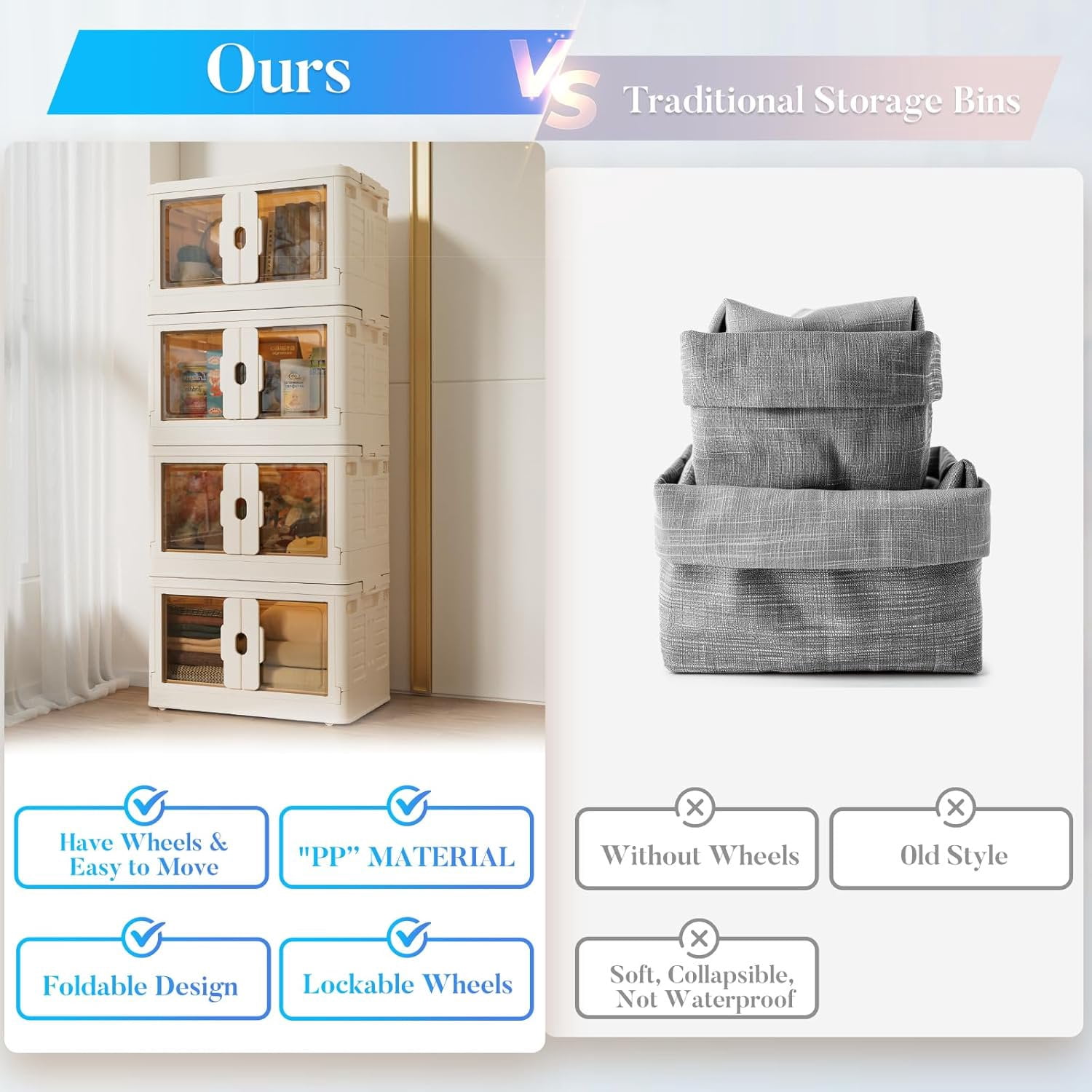 Gianna X-Large Size Foldable Storage Bins, Portable Stackable Plastic Storage Boxes for Home Office, 3 Tier