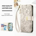 thumbnail image 5 of Floral Embossed Zipper Wallet Case for iPhone 15, Soft TPU and PU Leather with Shoulder Strap & Wrist Strap & Card Slots & Kickstand & Magnetic Clasp, Shockproof Rugged Case Cover, Beige, 5 of 13