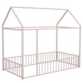 thumbnail image 5 of Twin Size Floor Bed, Metal House Bed with Fence, Playhouse Design Montessori Beds Frame, Platform Bed Canopy Bed with Roof, for Girls Boys Bedroom, No Box Spring Needed, Can Be Decorated, Pink, 5 of 8