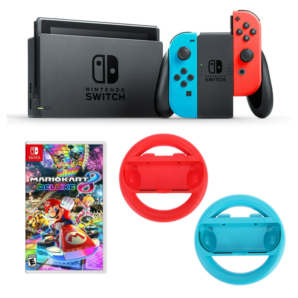 Nintendo Switch Neon Console with Mario Kart 8 Delude Edition and Steering Wheels Bundle