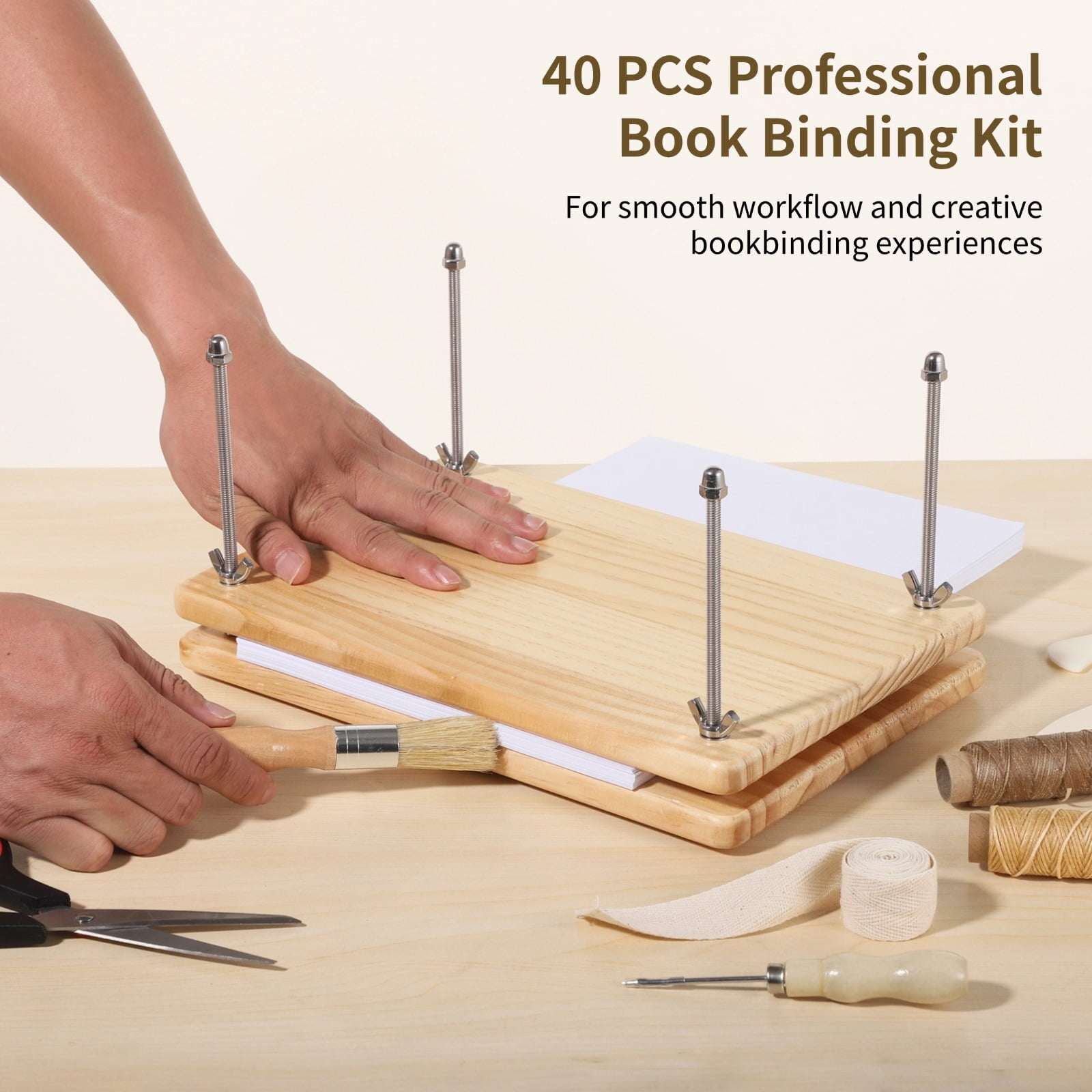 40 PCS Professional Book Binding Kit, 11.6 x 7.7 Inches Wooden Book Binding Press, Book Binding Tools, Book Binding Supplies, Book Cover Board Bone Folder Awl Binding Strap DIY Tools