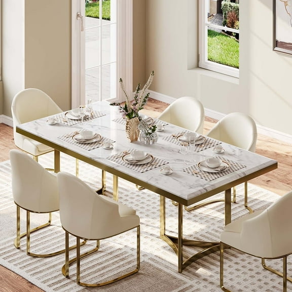 POVISON 71" Bura Modern Faux Marble Dining Table For 6，White Rectangular Tabletop Gold Stainless Legs