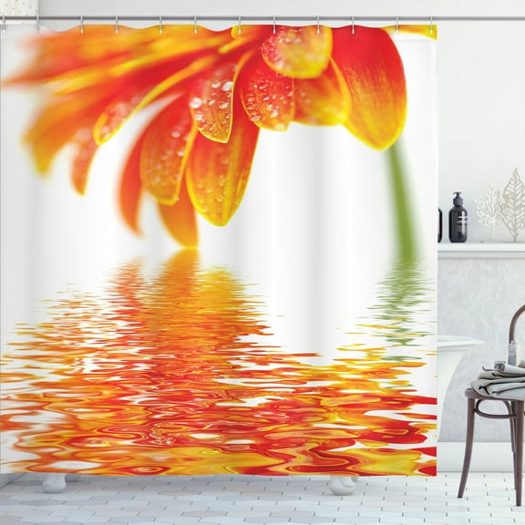 Flower Decor Shower Curtain, Sun Flower Reflection on Water in a Rainy Day with Leaves in a Water River Photo, Fabric Bathroom Set with Hooks, 69W X 70L Inches, Orange, by Ambesonne