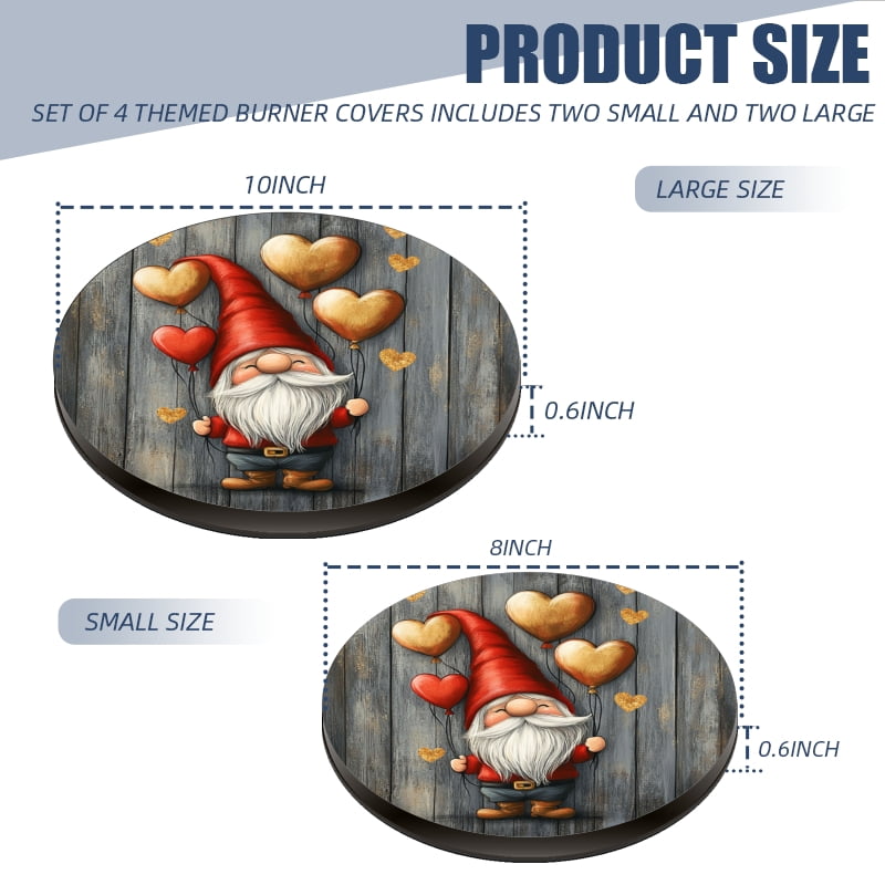 Christmas Burner Covers for Electric Stove, Christmas Cute Gnome with Heart Round Metal Durable Burner Covers Set of 4 Holiday Decor for Kitchen Cooktop, 8 Inches and 10 Inches