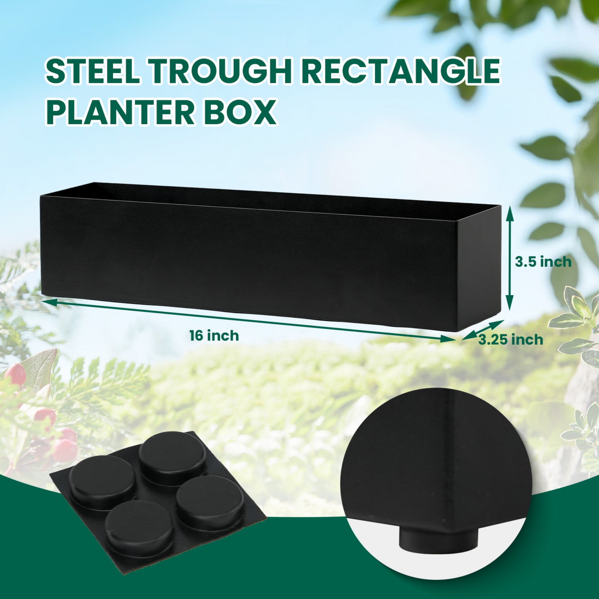 Metal Steel 16" Window Box Rectangular Succulent Planter Box Table Sill Plant Pots Modern Long Durable for Small Herb with Drainage Hole for Indoor Outdoor, with 4 Free Rubber Mats, Black
