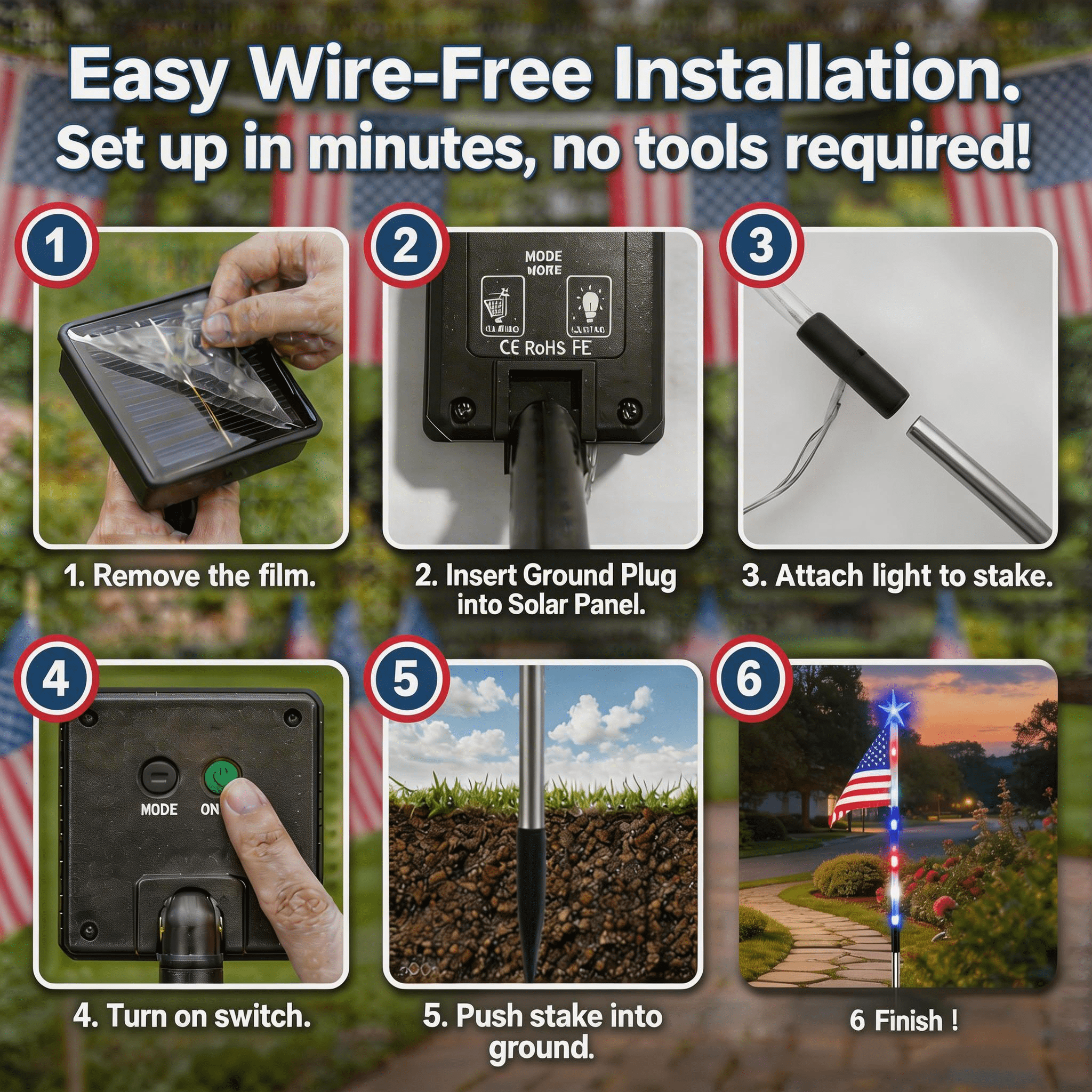 8 Patriotic Solar Flag Lights with 8 Lighting Modes, Solar American Flag Lights Outdoor - Perfect 4th of July Decorations