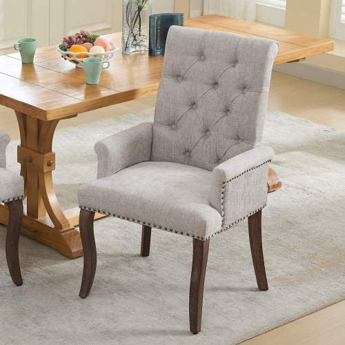 Upholstered Dining Chair with Arms, Elegant Tufted Chenille Accent Chair, Curved Solid Rubberwood Legs for Kitchen Living Room, Beige