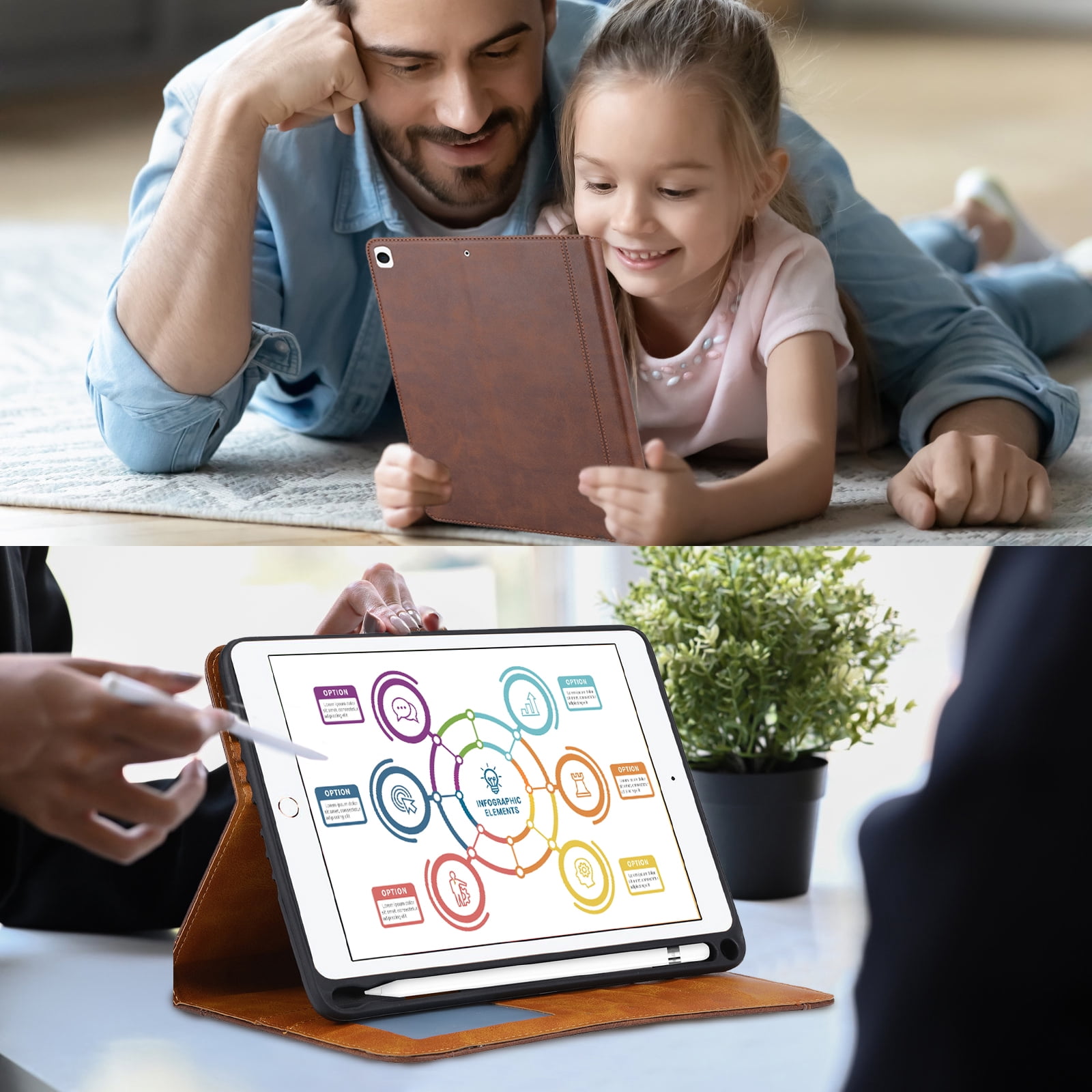 Flip Case for Apple iPad 10.2" 9th 8th 7th Generation 2021/2020/2019, Pencil Holder Smart Cover Auto Sleep Wake Protective Documents Pocket Stand Snap Closure Case for iPad 10.2 Inch, Coffee