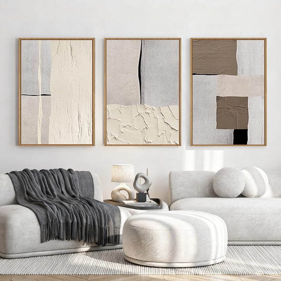 HPNIUB Large Abstract Neutral Framed Canvas Wall Art Mid Century Beige Brown Gray Textured Painting Set of 3 for Living Room Bedroom Office 24x36 Inch
